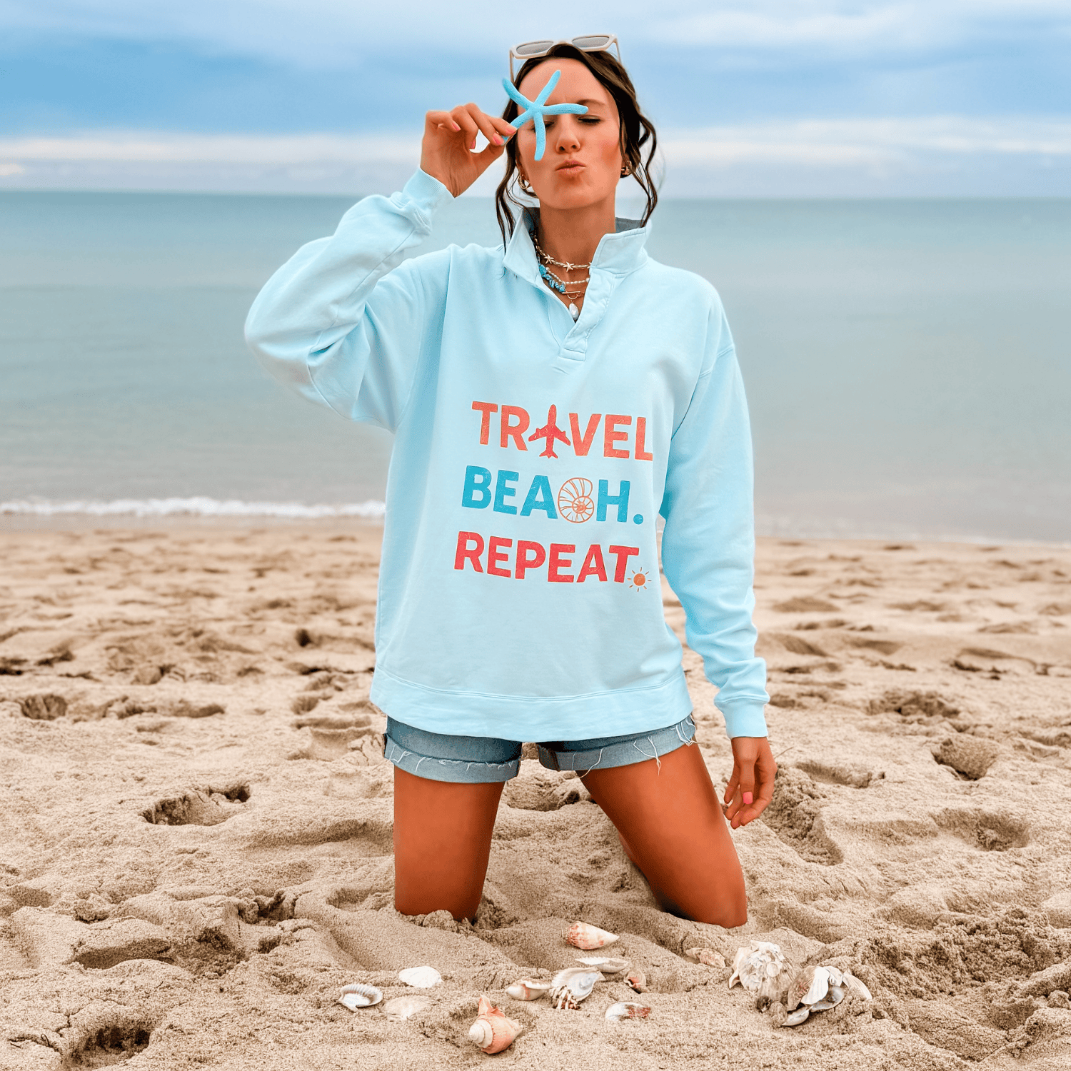 Travel, Beach, Repeat! Collegiate Crewneck