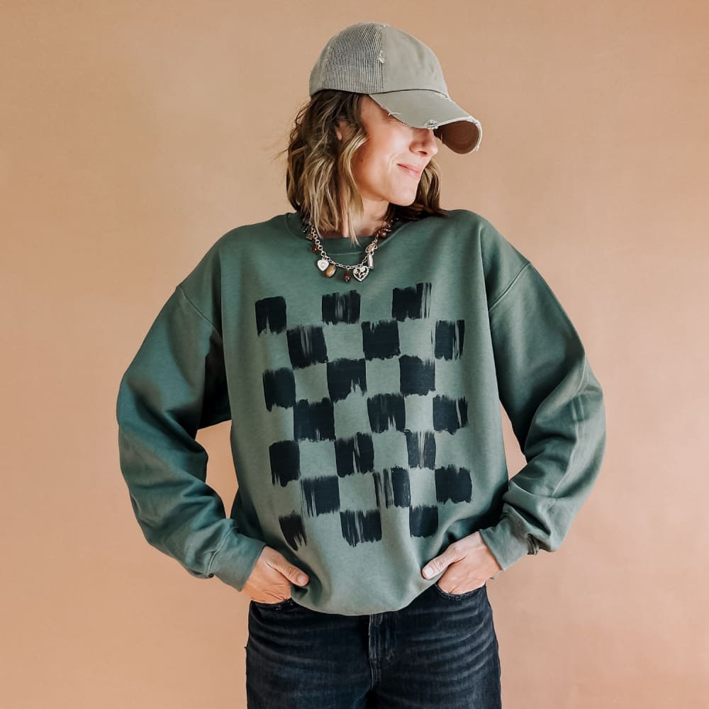 スウェット Checkered Panel Crewneck Sweater Chic Checkerboard Sweatshirt – Mountain Moverz