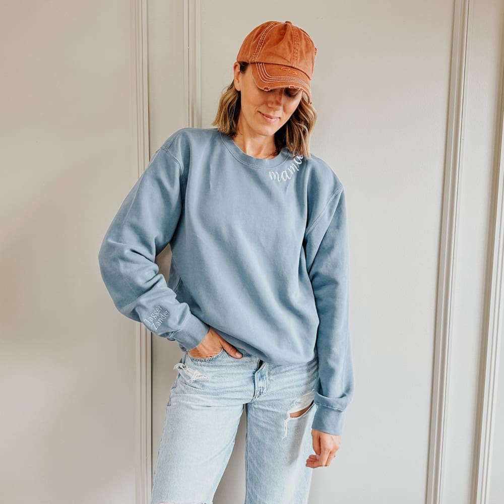 Custom Mama Embroidered Crewneck - Slate Blue
