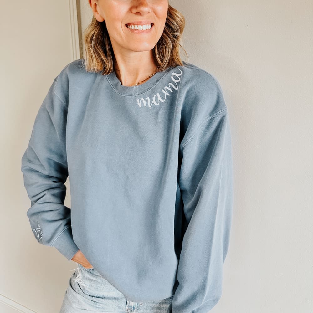 Custom Mama Embroidered Crewneck - Slate Blue