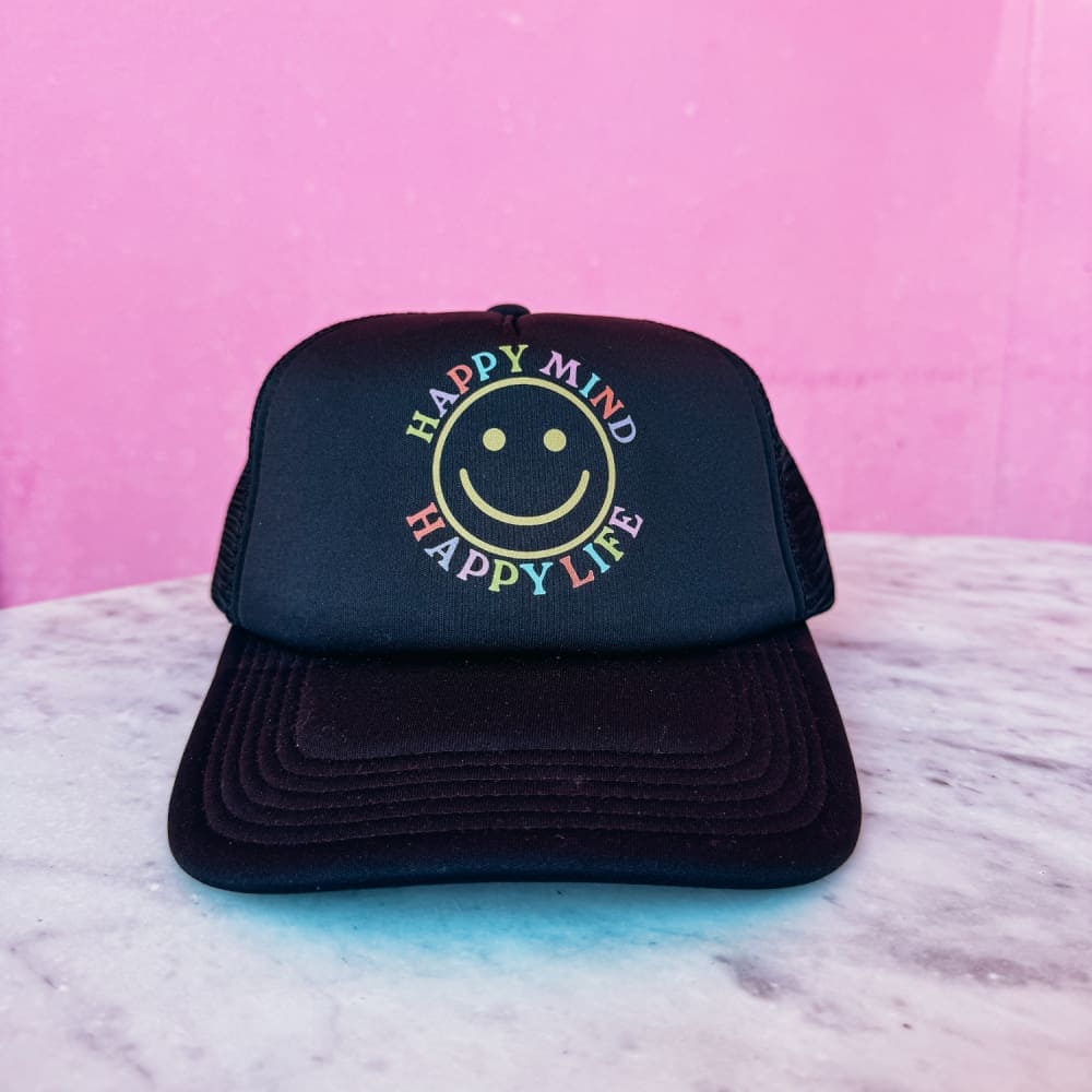 Happy Mind Foam Mesh Trucker Hat - Black