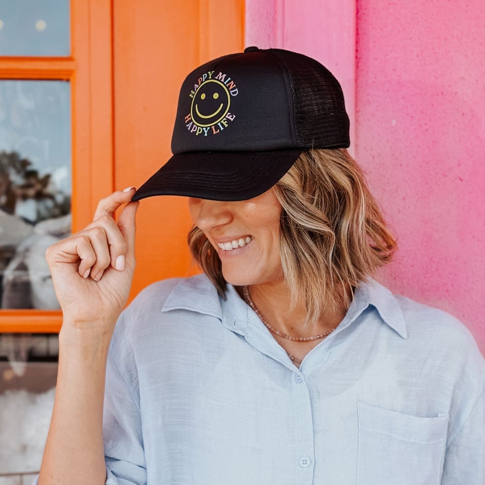 Happy Mind Foam Mesh Trucker Hat - Black
