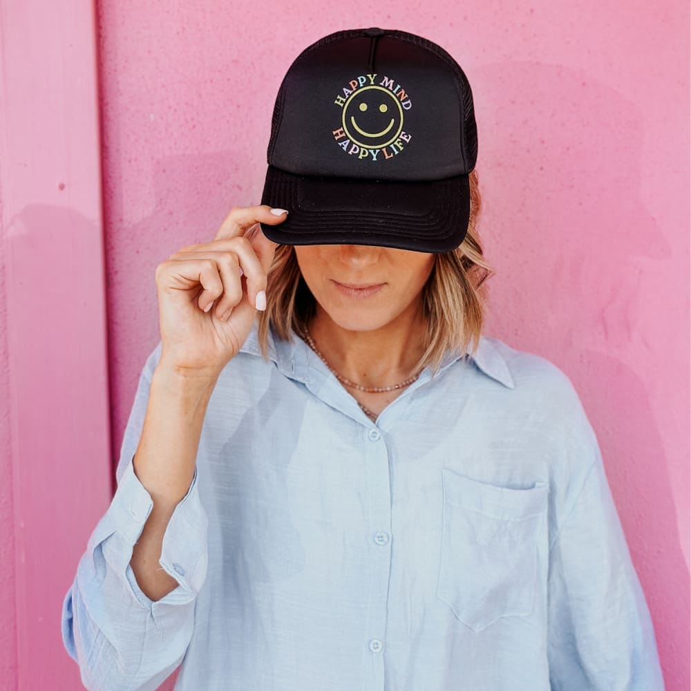 Happy Mind Foam Mesh Trucker Hat - Black