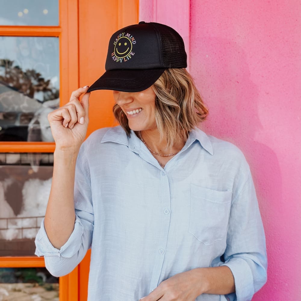 Happy Mind Foam Mesh Trucker Hat - Black