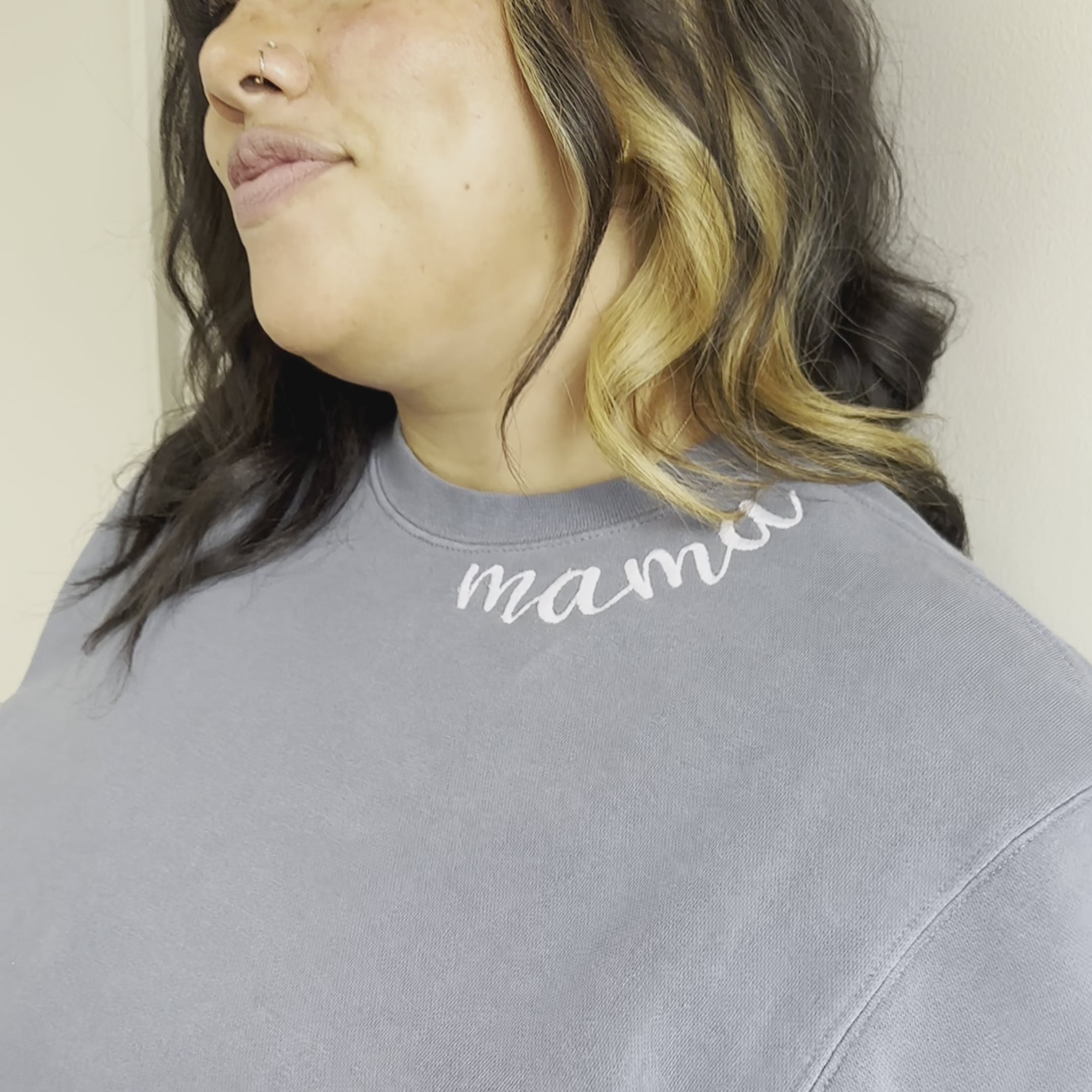 Custom Mama Embroidered Crewneck - Slate Blue