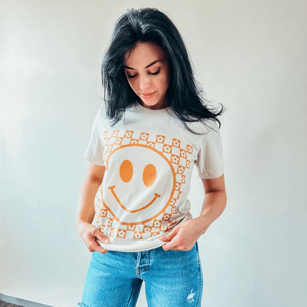 Smiley Daisy Checkerboard Tee - Soft Cream - NEW