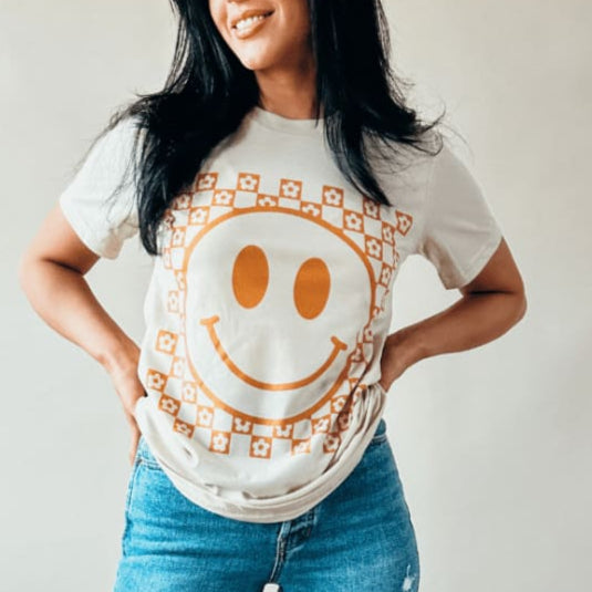 Smiley Daisy Checkerboard Tee - Soft Cream - NEW
