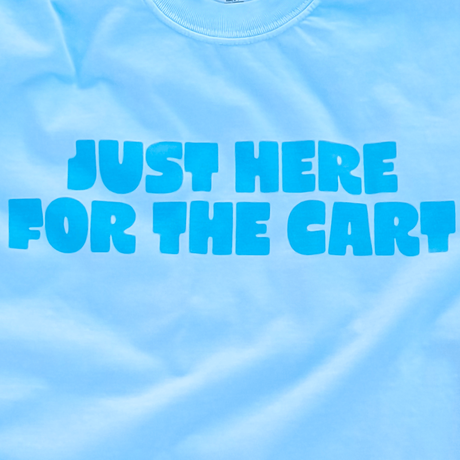 Light blue t-shirt with blue text 'JUST HERE FOR THE CART' on a matching background