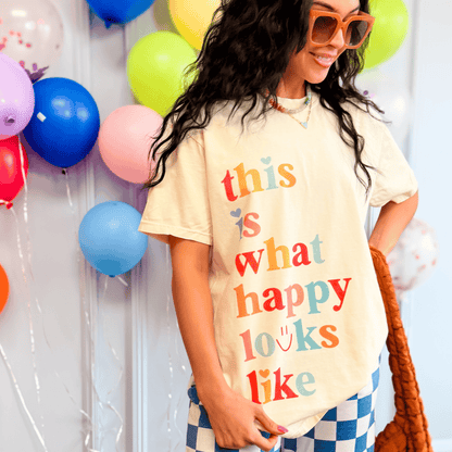 model wearing What Happy Looks Like Tee