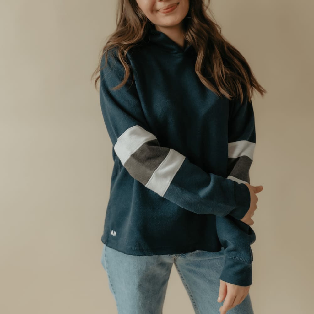 Cropped Color Block Sleeve Hoodie Navy