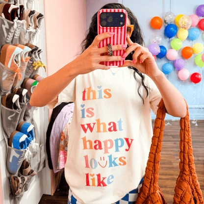 model wearing What Happy Looks Like Tee