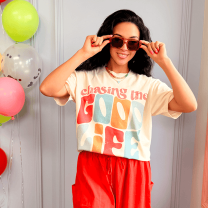 model wearing Chasing The Good Life Tee
