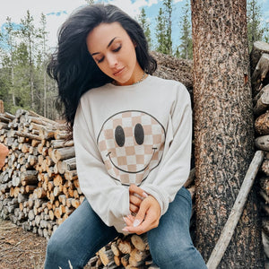 Neutral Checkerboard Smiley Sweatshirt