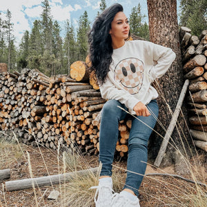 Neutral Checkerboard Smiley Sweatshirt