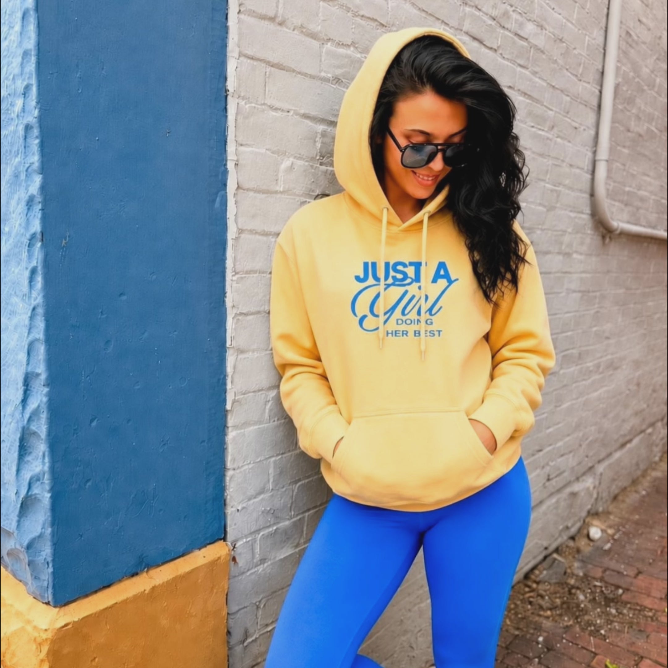 woman wearing just a girl hoodie