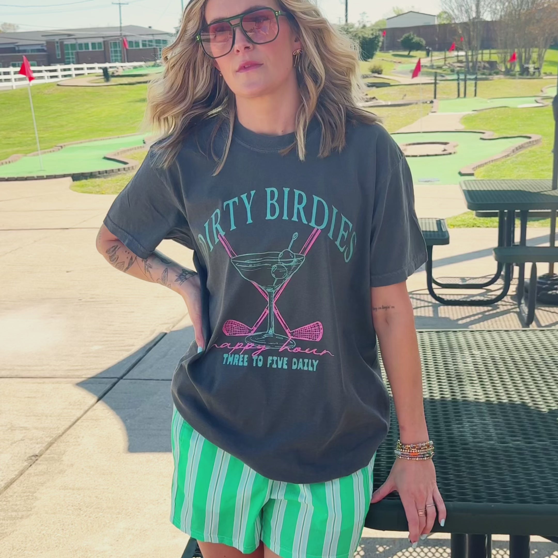 model wearing dirty birdies tee