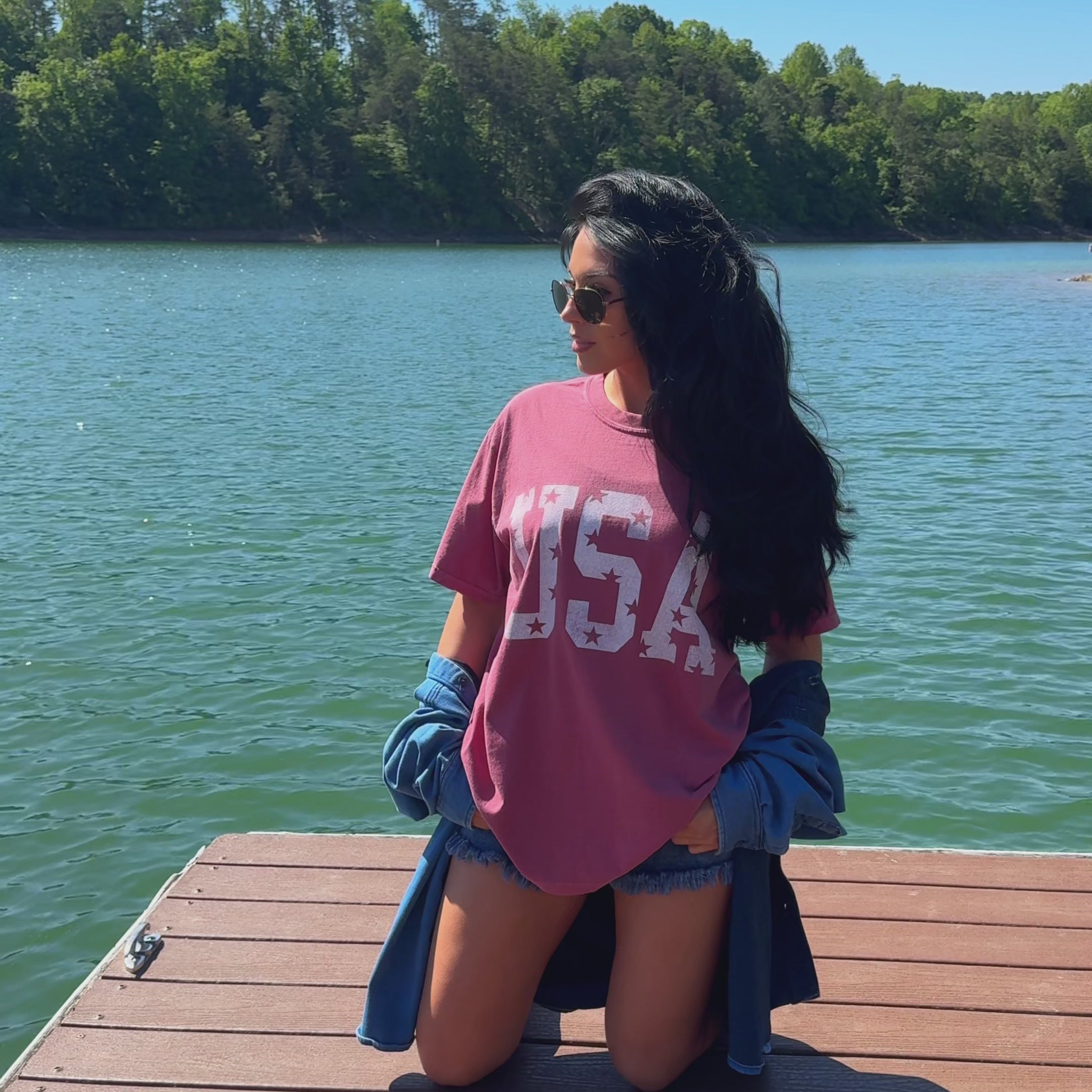 model wearing Distressed USA Tee - Brick
