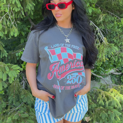 model wearing america's 250 tee