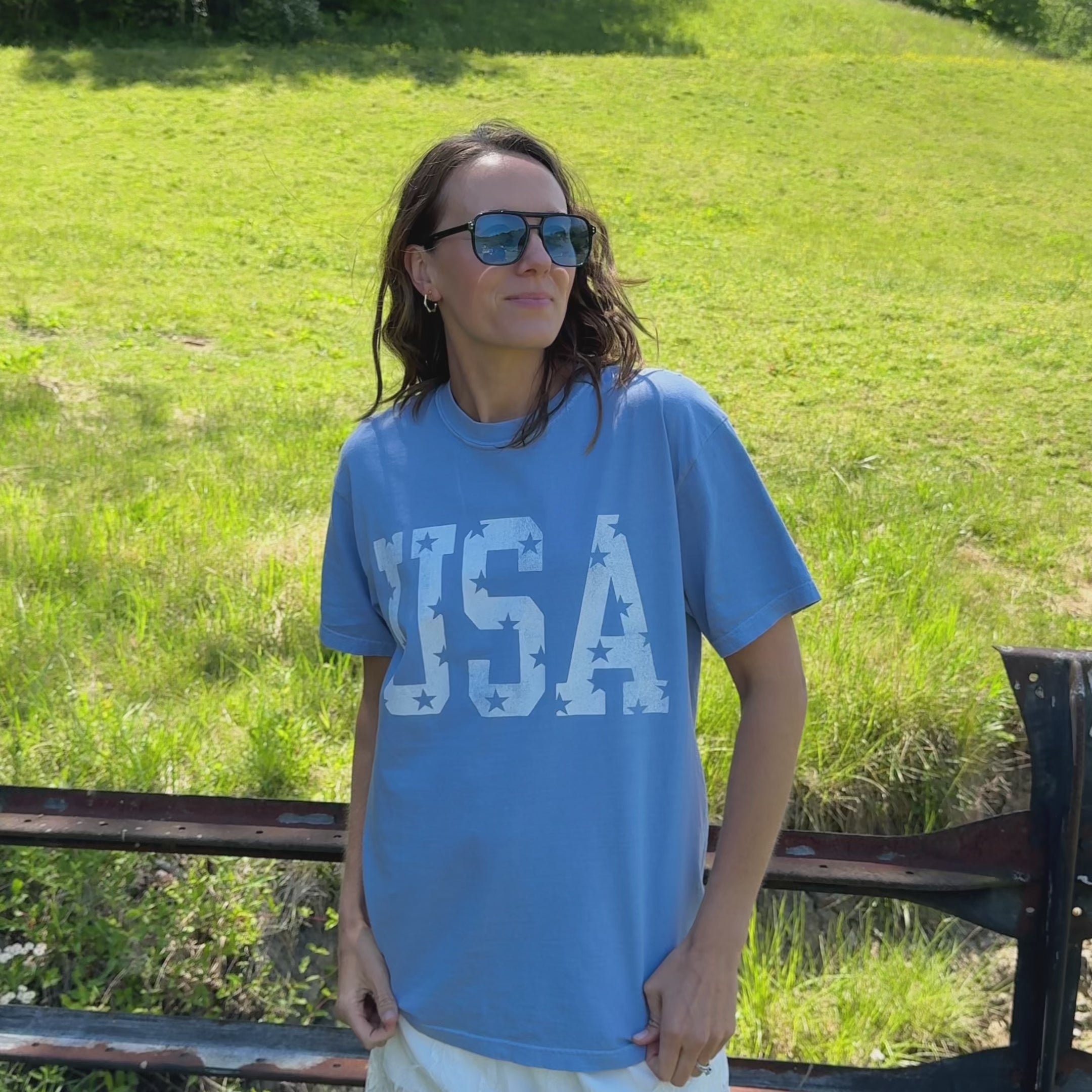 model wearing Distressed USA Tee - Washed Denim