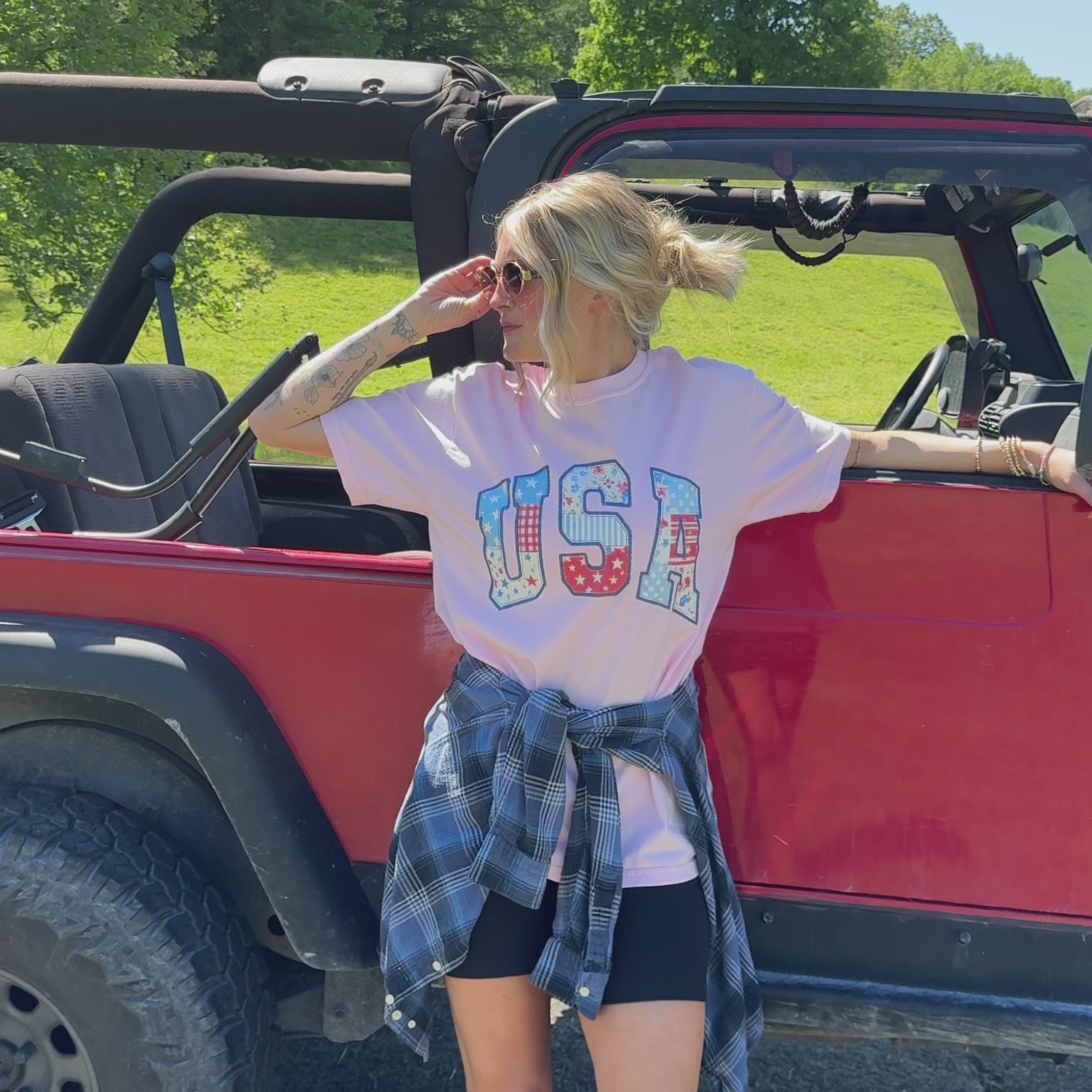 model wearing Patchwork USA Tee
