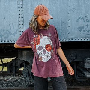 Skull Flowers Oversized Tee - Merlot