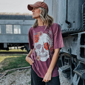 Skull Flowers Oversized Tee - Merlot