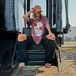 Skull Flowers Oversized Tee - Merlot