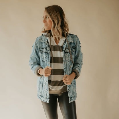Dusty Olive Striped Hooded Sweatshirt