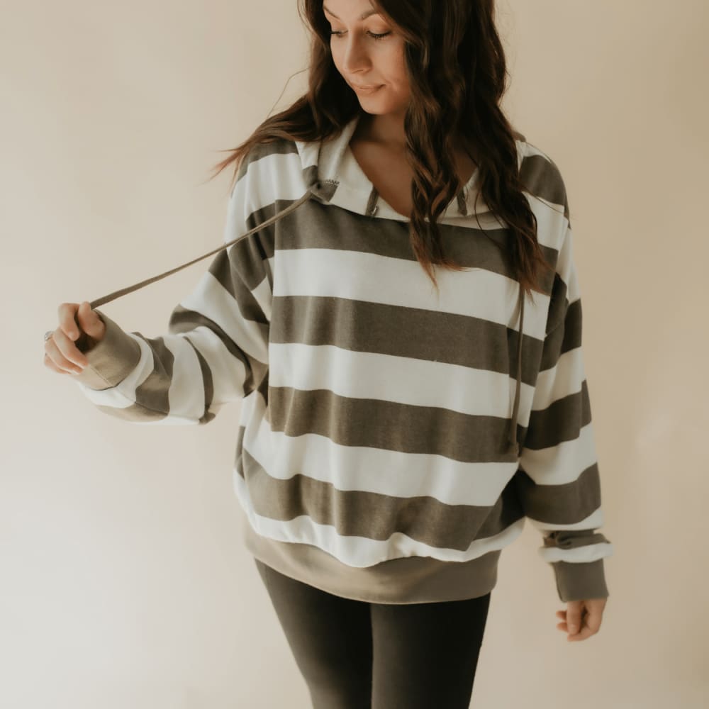 Dusty Olive Striped Hooded Sweatshirt