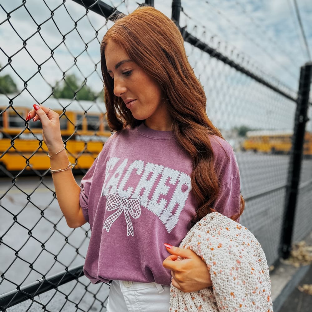 White Bow Teacher Tee - Berry - NEW