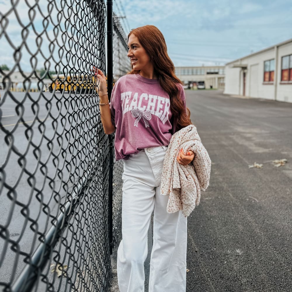 White Bow Teacher Tee - Berry - NEW